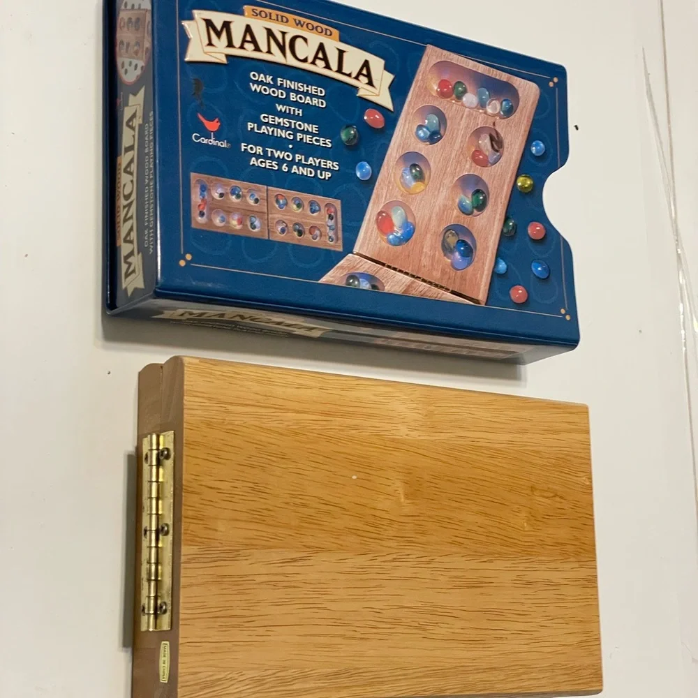 Folding Wooden Mancala Game with Colorful Stones In Metal Box